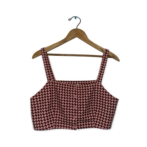 Levi's Geometric Checkered Crop MED Pink Brown Knit Retro Y2K Button Front Tank - Picture 9 of 16